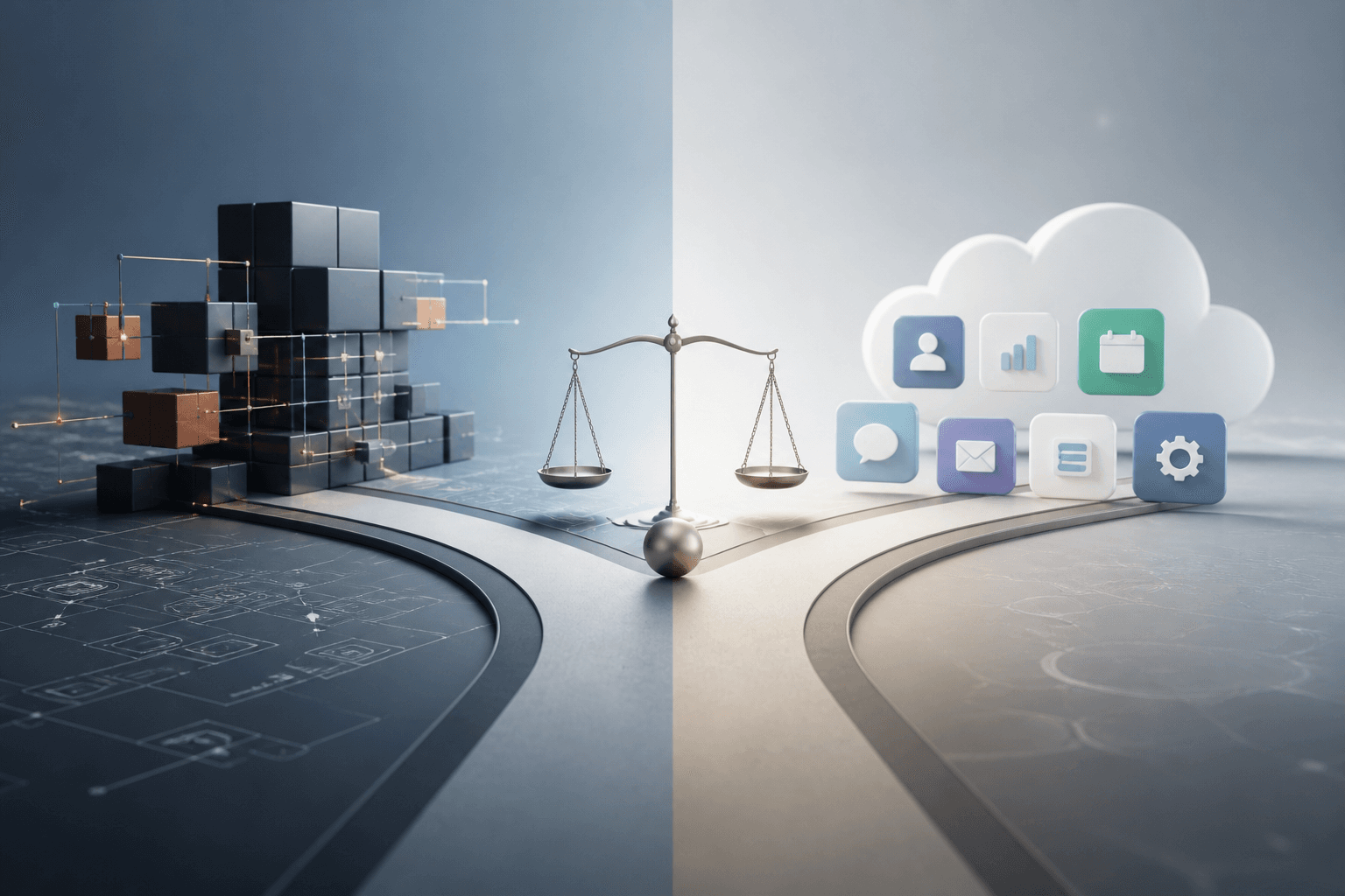 Comparison concept for custom enterprise software versus SaaS platforms