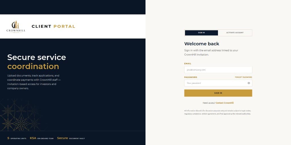 CrownHill client portal sign-in page